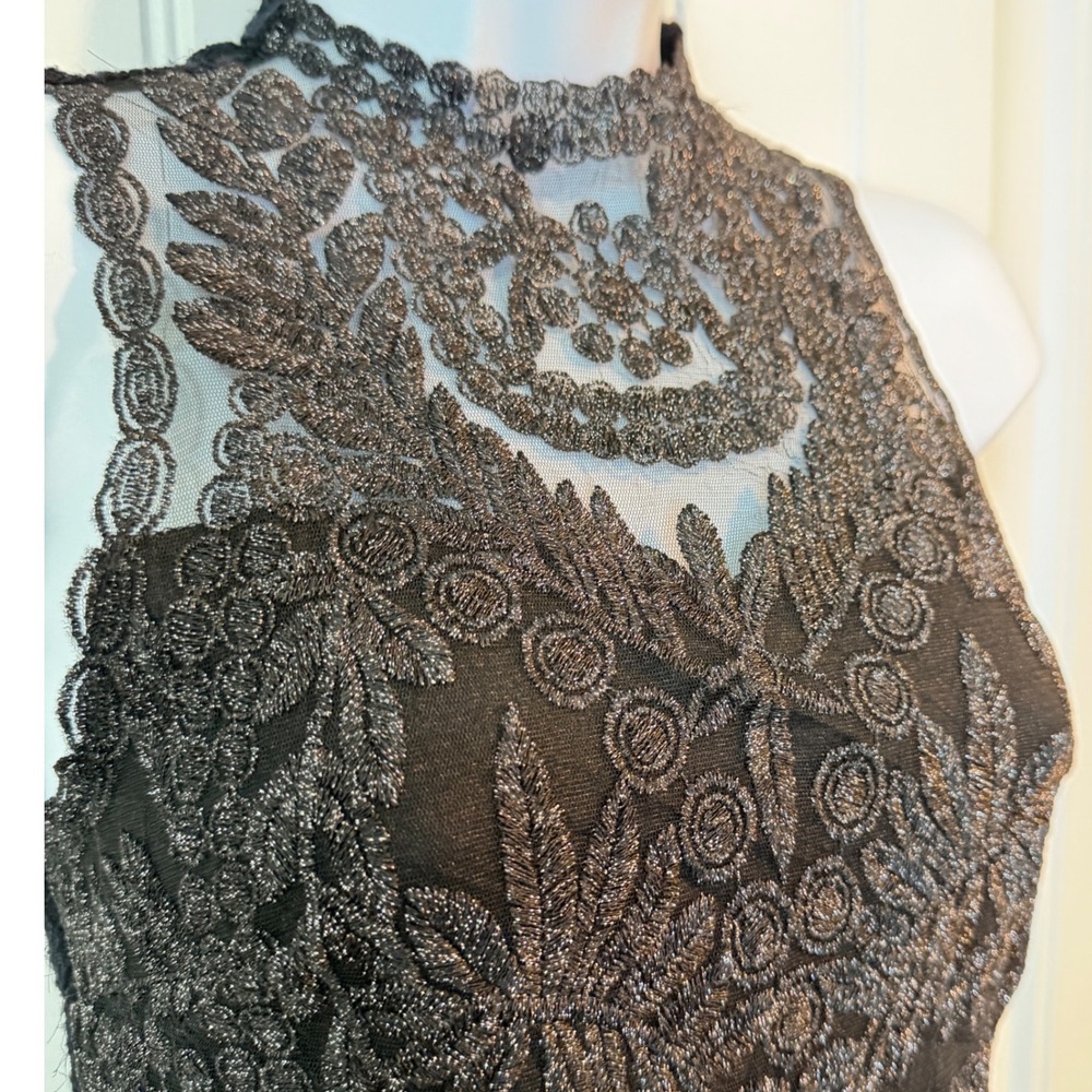 Womens XS Black Metallic Lace Tulle Cocktail Dress Mock Neck Silver Whimsigoth
